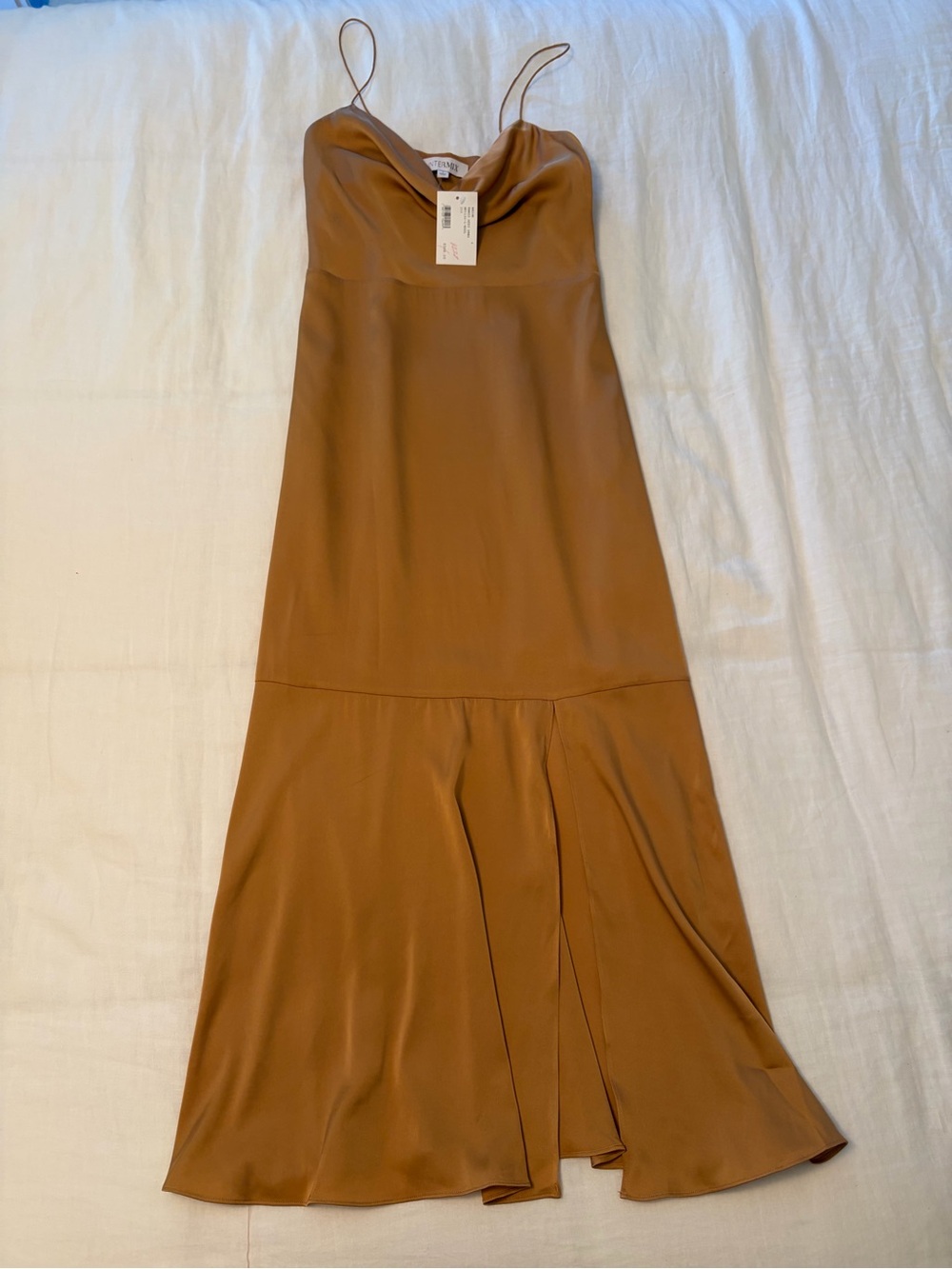 INTERMIX Caramel Satin Slip Maxi Dress with Cowl Neck